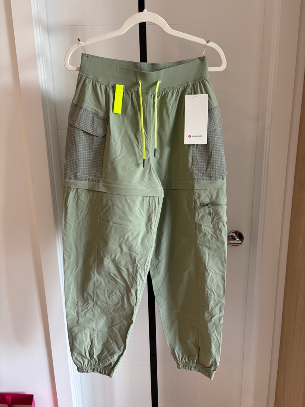 lululemon sage green utility joggers with neon logo